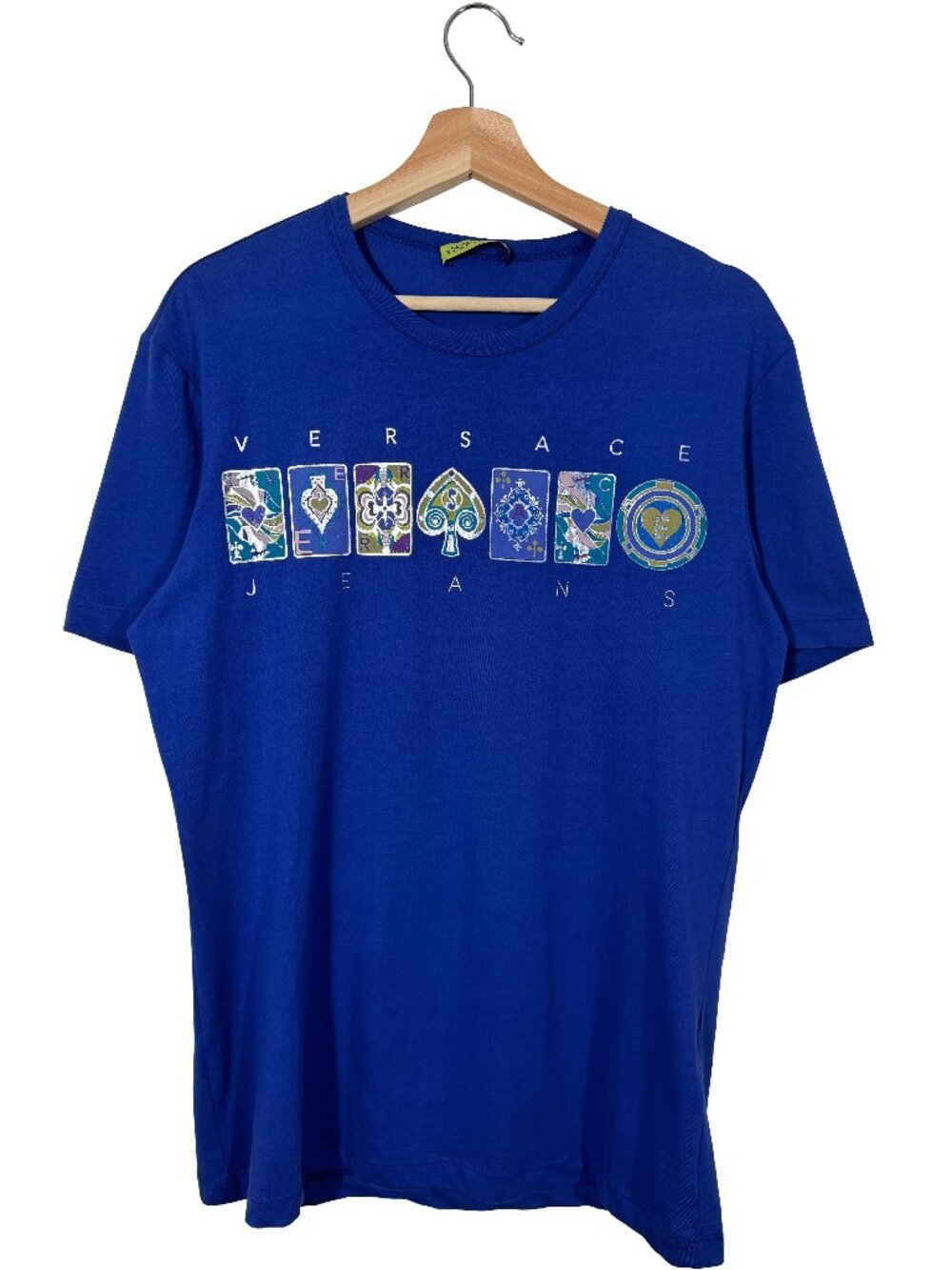 Versace Jeans Playing Card Spellout Graphic Tee Royal Blue women's size IT 52